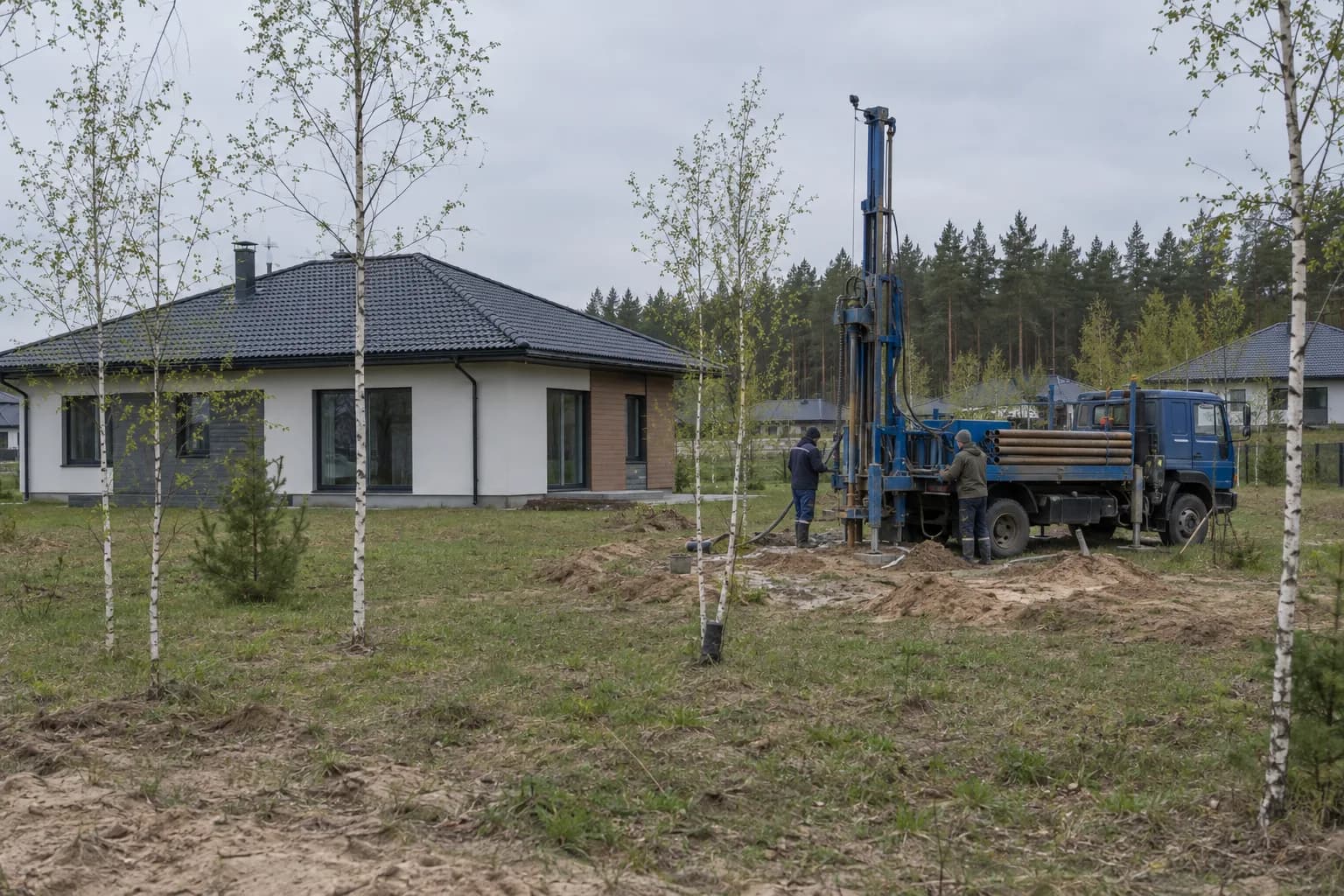 Gręžimo įrenginys naujo namo sklype tarp beržų