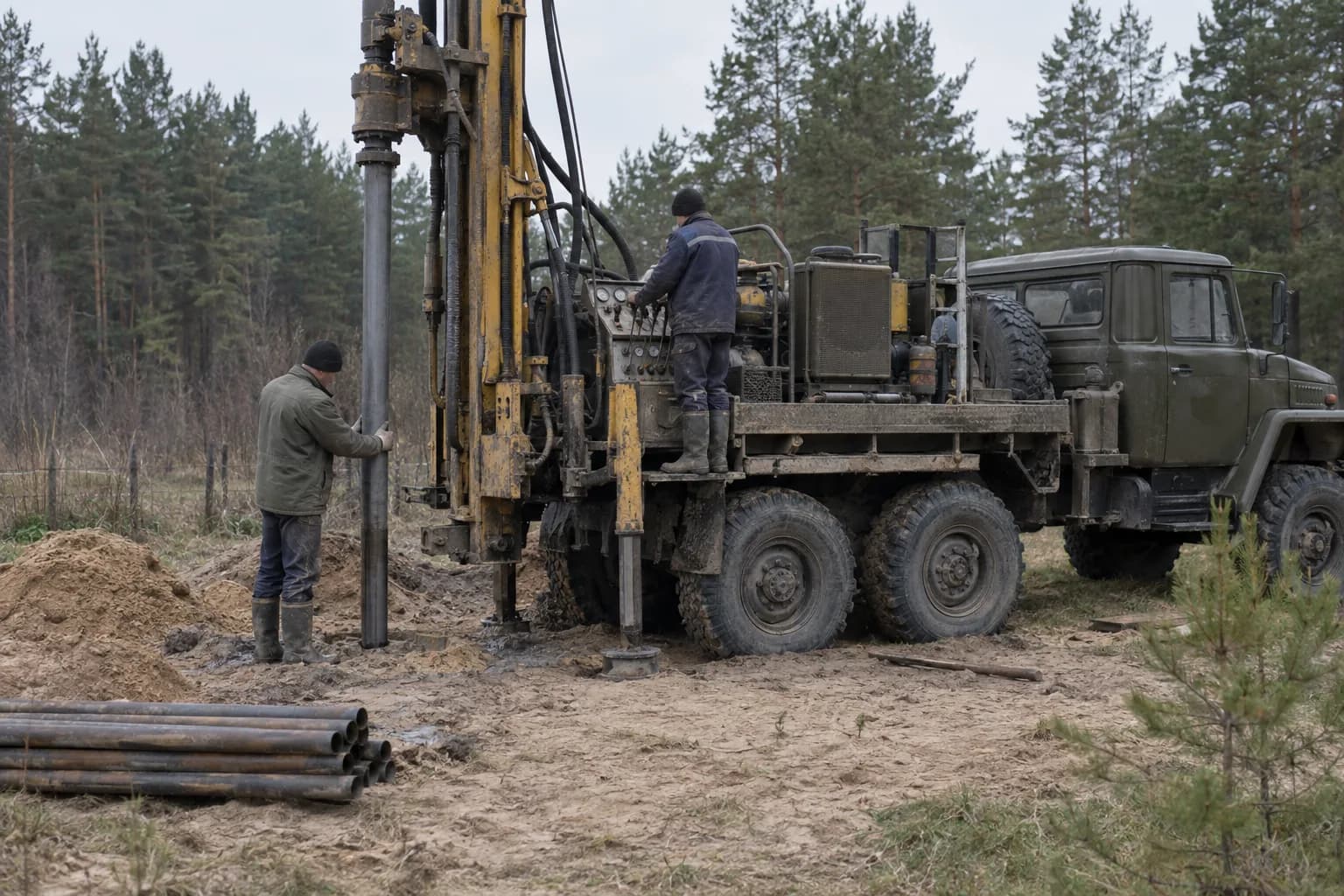 Gręžėjų komanda prie gręžimo įrenginio kaimo sklype