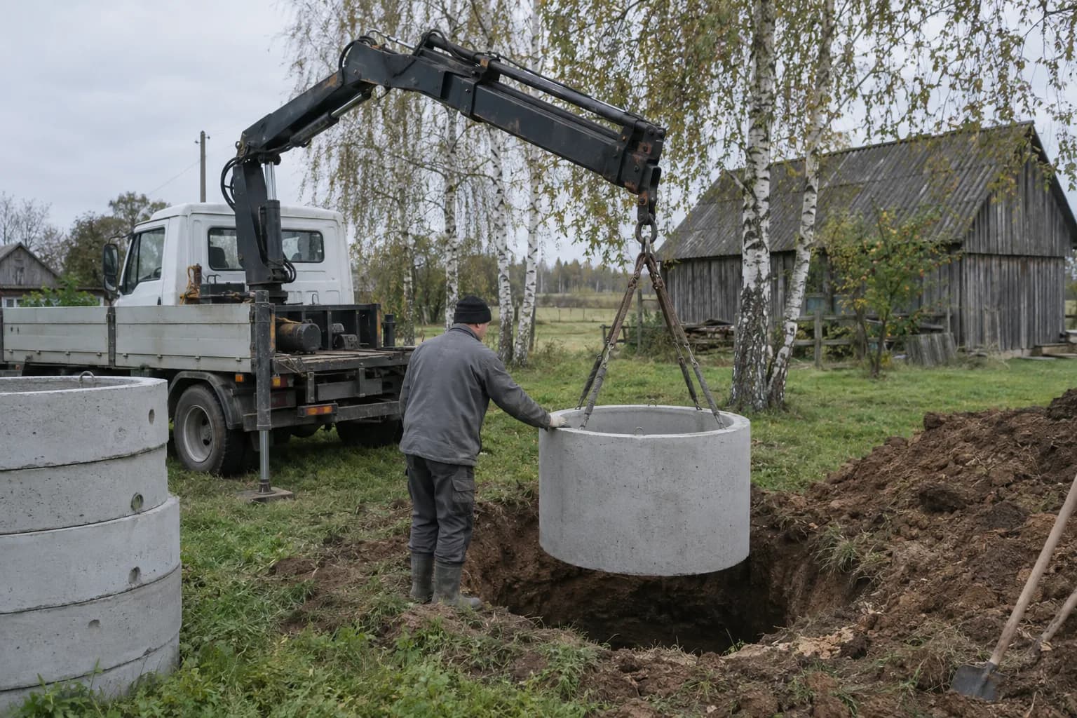 Kranu nuleidžiamas betoninis šulinio žiedas į iškastą duobę sodyboje