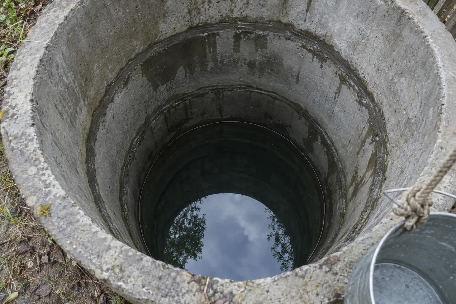 Vaizdas iš viršaus į betoninių žiedų šulinį su vandeniu dugne