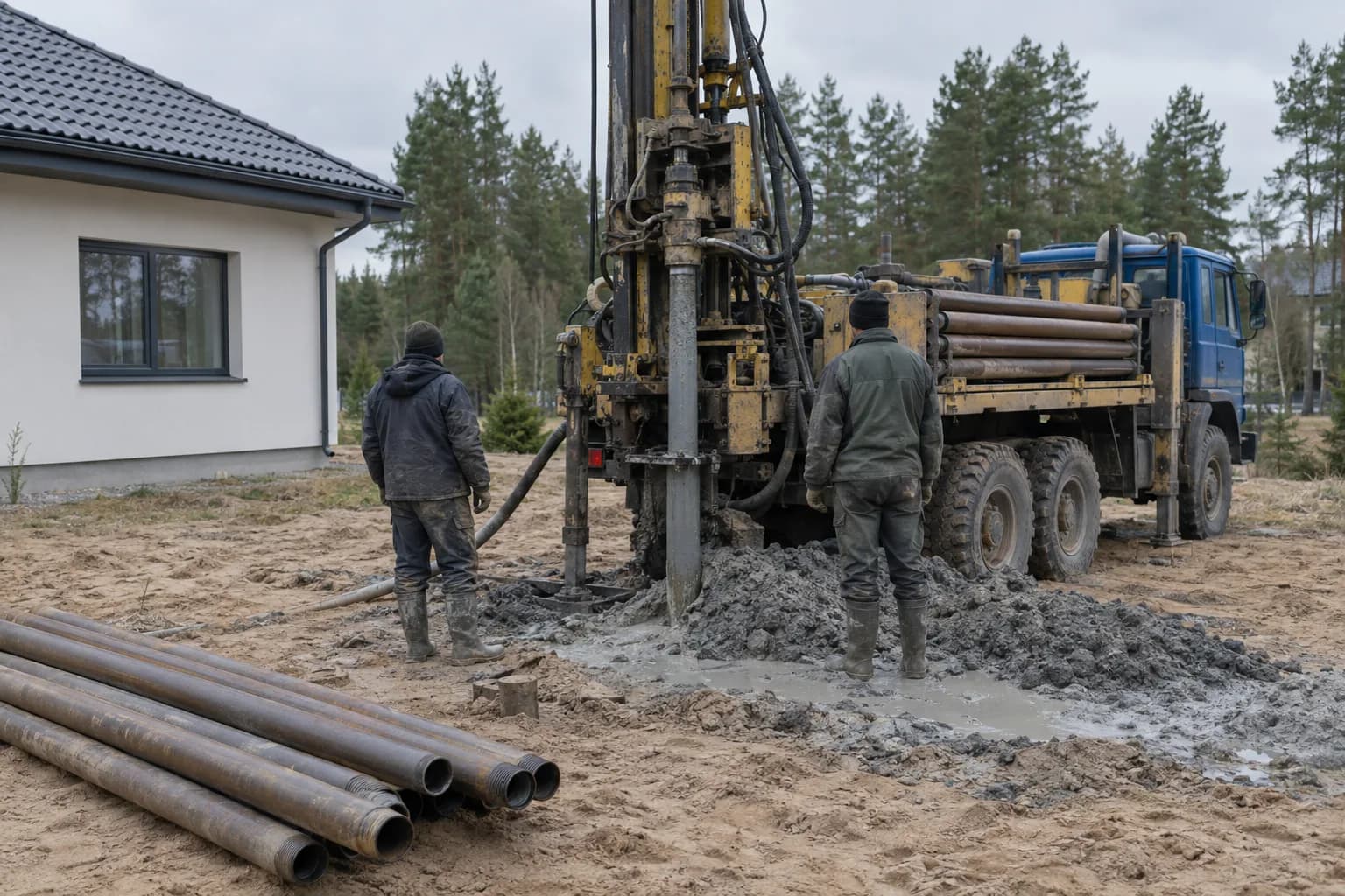 Gręžimo įrenginys dirba, šalia sudėti apsauginiai vamzdžiai