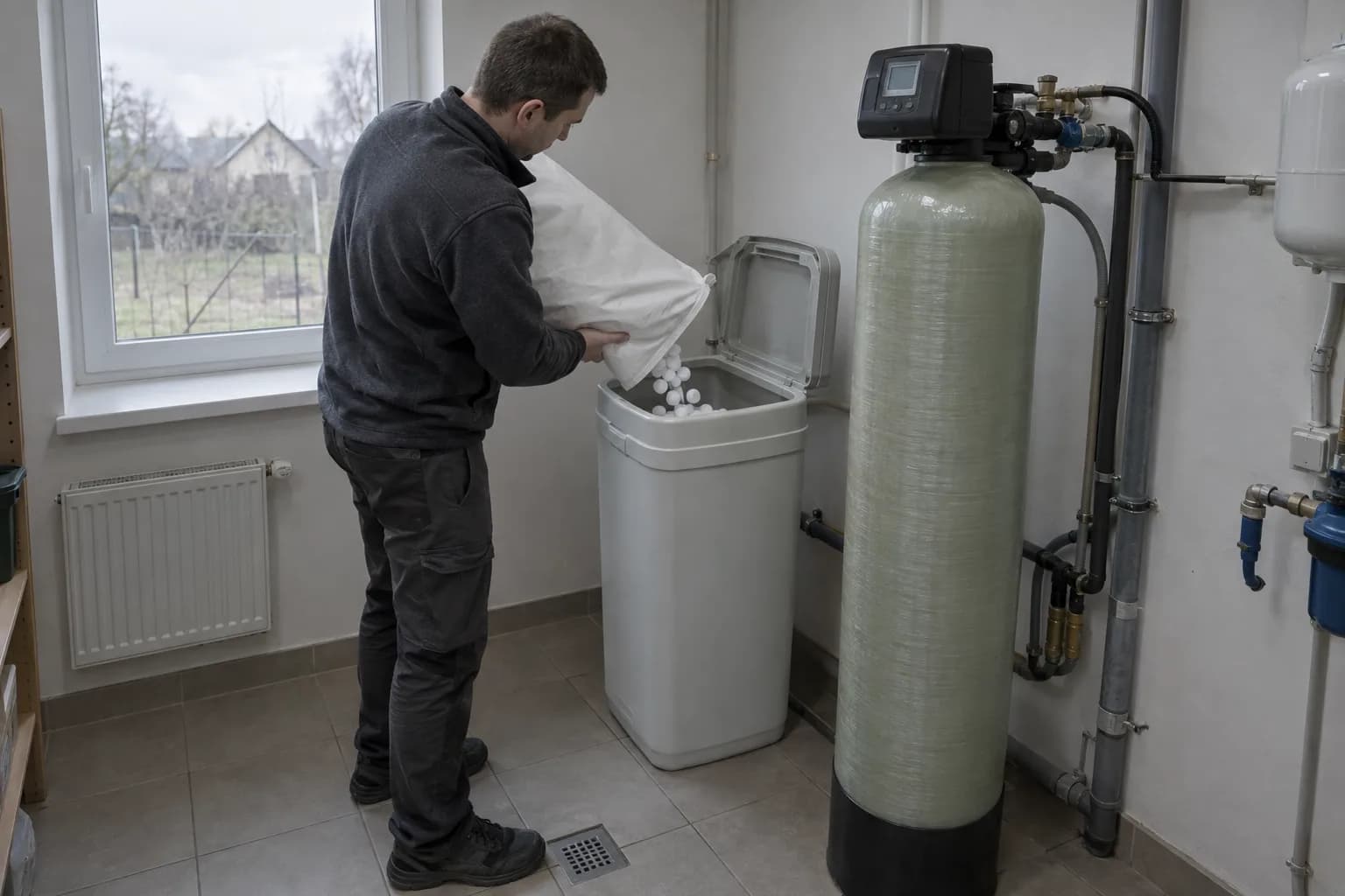 Druskos tabletės pilamos į minkštinimo filtro druskos talpą