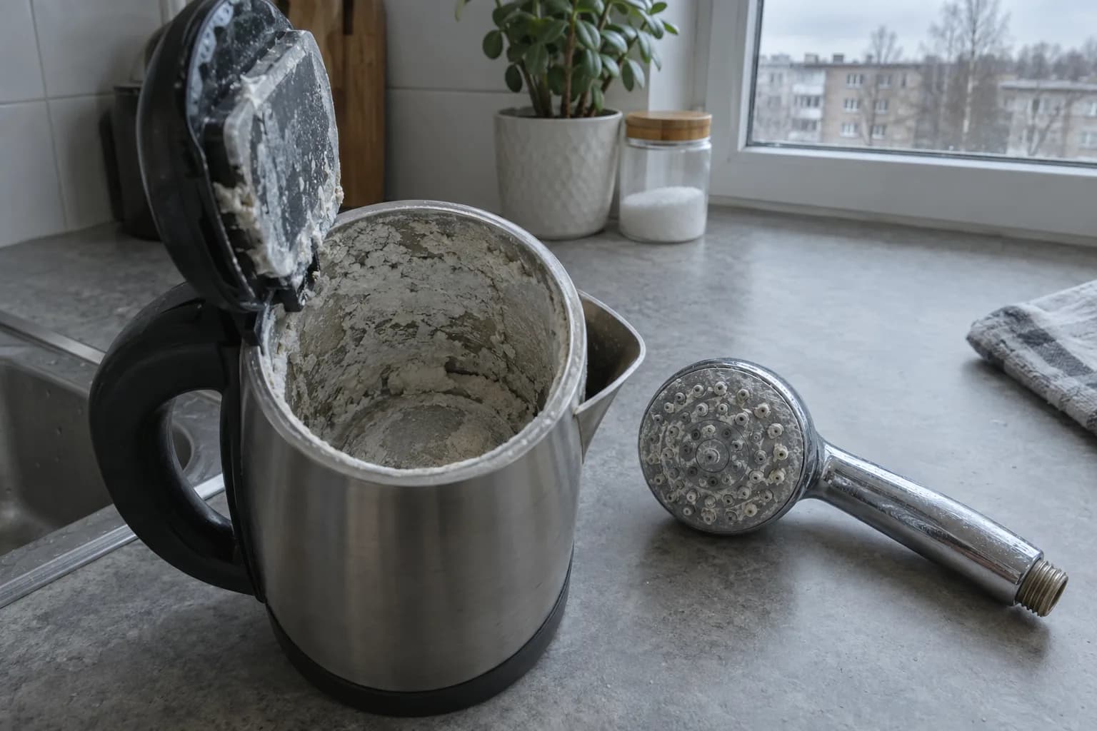 Virdulys su kalkių nuosėdomis ir dušo galvutė ant virtuvės stalviršio