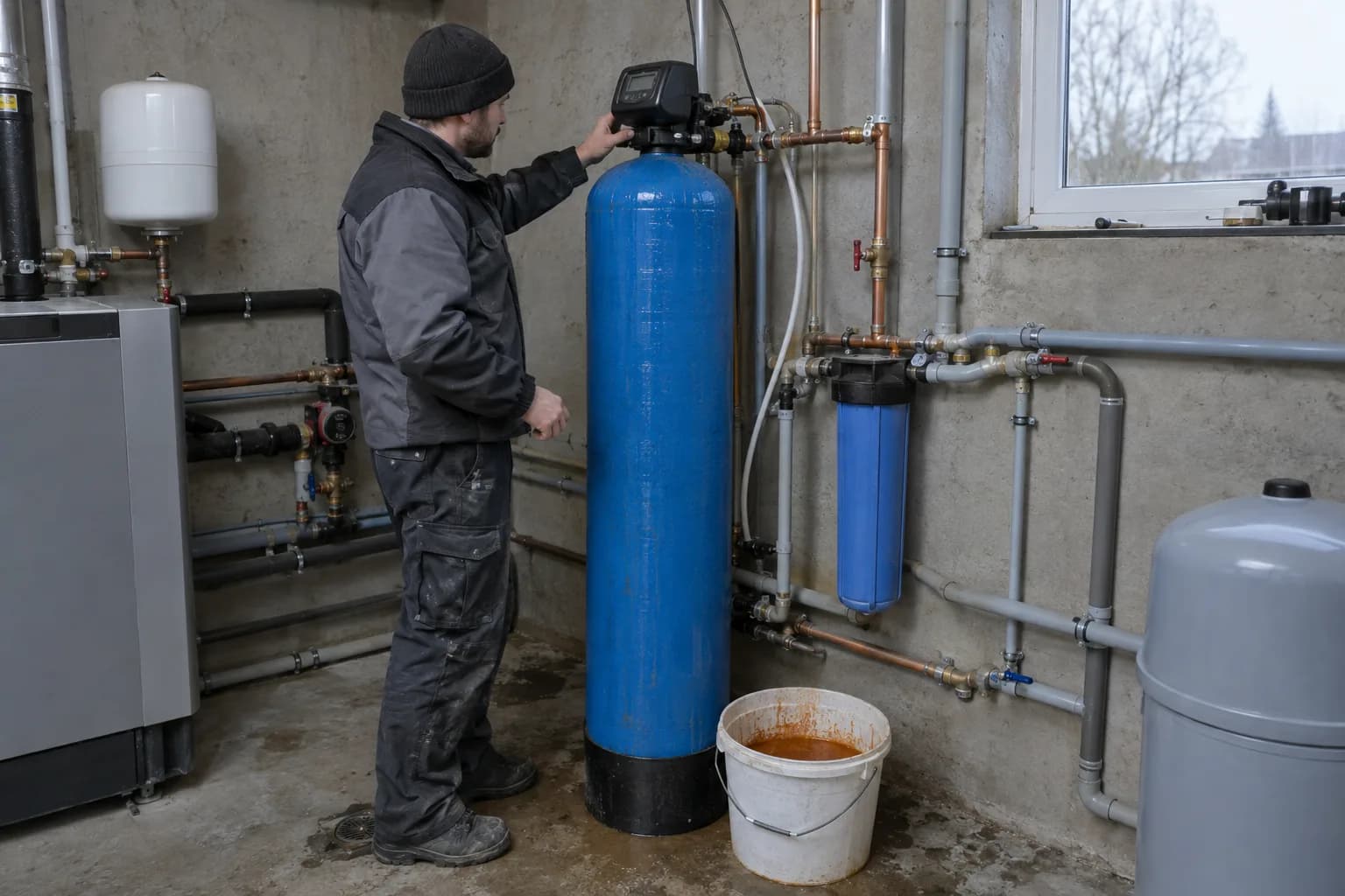 Meistras tikrina nugeležinimo filtrą privataus namo katilinėje