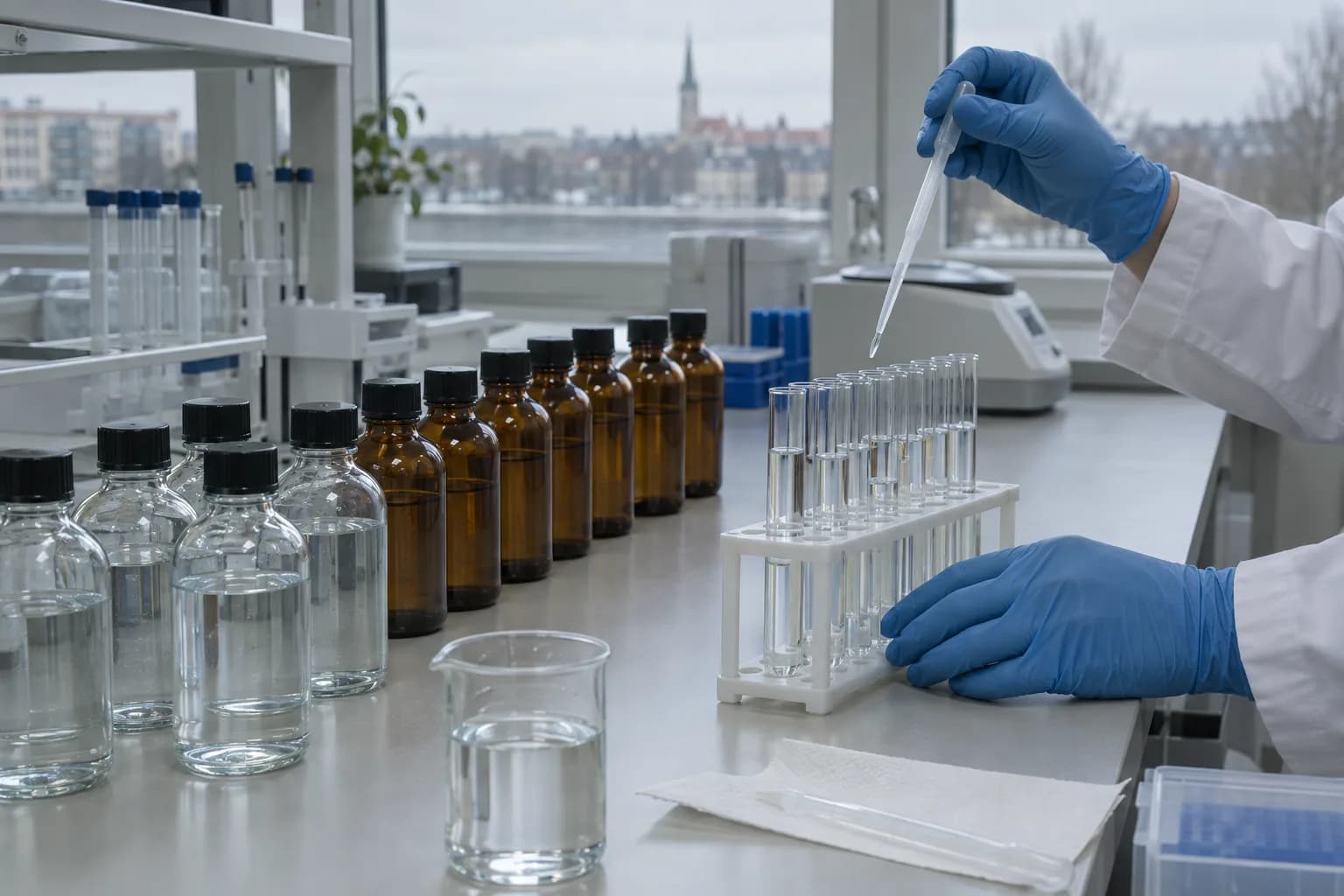 Laboratorijos stalas su vandens mėginių buteliukais